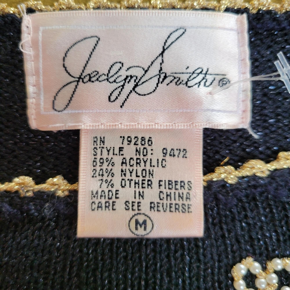 Vintage Beaded Sweater Black Shimmer  Gold Applique Pearl Beads Jocelyn Smith M - Picture 12 of 12